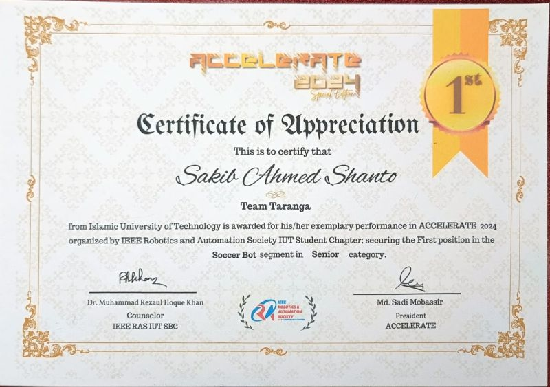Sakib Ahmed Shanto Soccer Bot Competition Certificate IEEERAS IUT