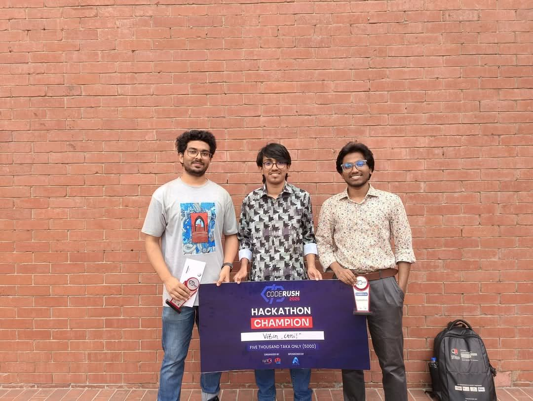 Sakib Ahmed Shanto with Team Robolink holding prize placard at Automech IoT Hackathon 2025 Islamic University of Technology